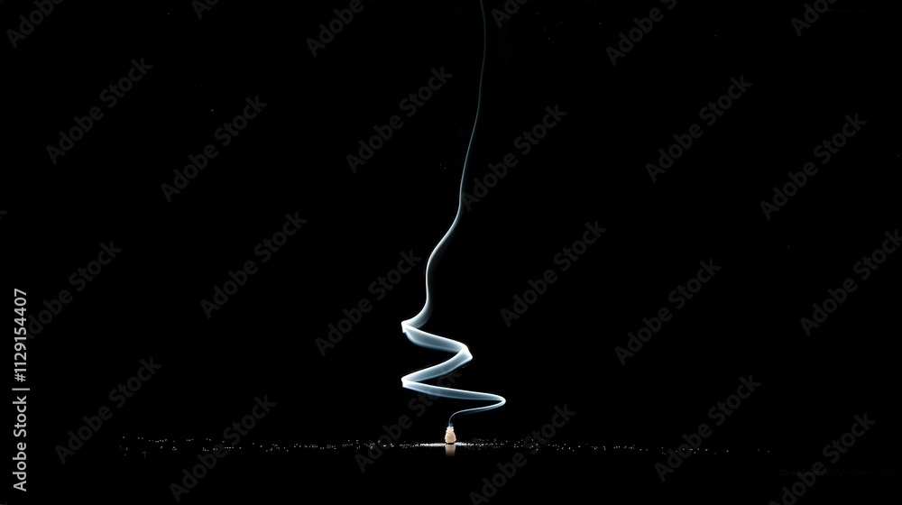 A delicate trail of smoke from a mosquito repellent incense, drifting upward in gentle spirals against a black background, A delicate trail of smoke from a mosquito repellent incense, drifting upward in gentle spirals against a black background,