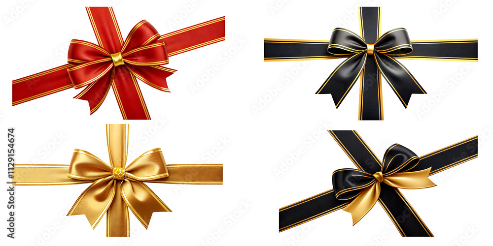 Set of Red and black bundle ribbon and bow with gold isolated against transparent background cut out png christmas, new year 2025, valentine's day, happy birth day design download Set of Red and black bundle ribbon and bow with gold isolated against transparent background cut out png christmas, new year 2025, valentine's day, happy birth day design download