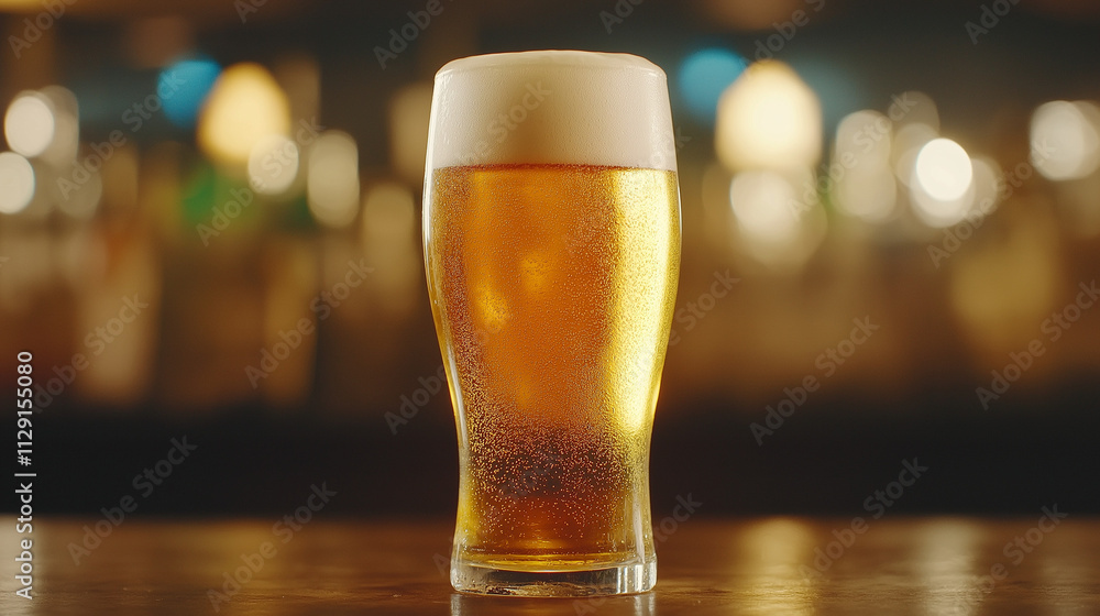 Golden Hour Beer: A frosty glass of beer stands tall on a bar counter, the golden liquid glistening in the soft glow of the evening light. Golden Hour Beer: A frosty glass of beer stands tall on a bar counter, the golden liquid glistening in the soft glow of the evening light.