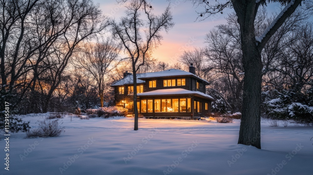 Obraz premium cozy winter home surrounded by snow at sunset