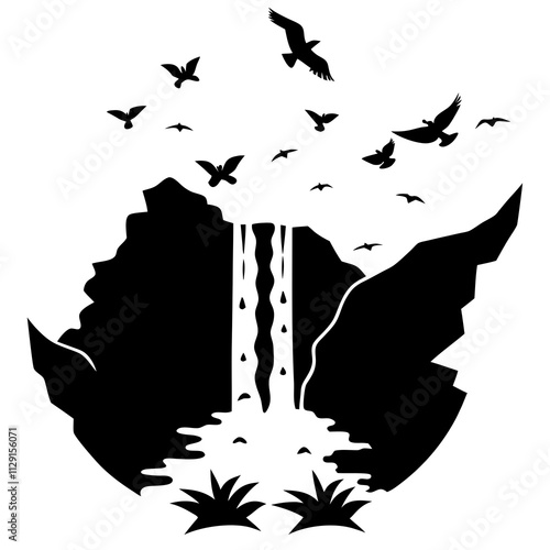 Waterfall feeding into a river surrounded by birds silhouette illustration