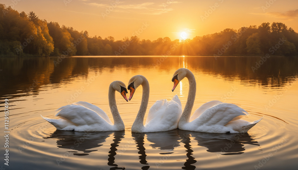 Three white swans are on a calm lake at sunset. Trees line the shore Three white swans are on a calm lake at sunset. Trees line the shore