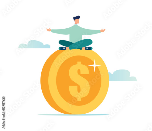 Financial guru or expert, the concept of a money and investment consultant, a businessman meditating on a large gold dollar coin, vector illustration