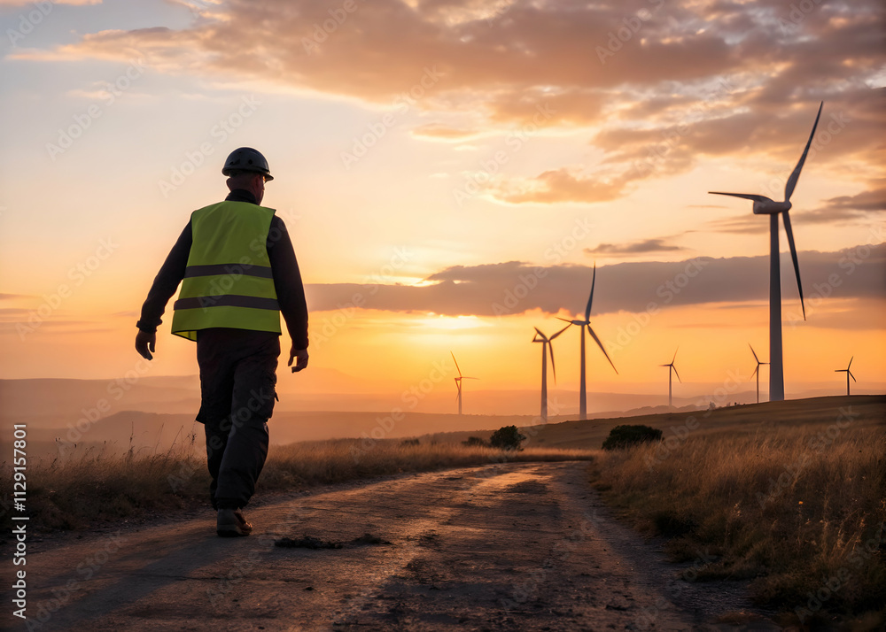 Worker in safety gear walking toward wind turbines at sunset Worker in safety gear walking toward wind turbines at sunset