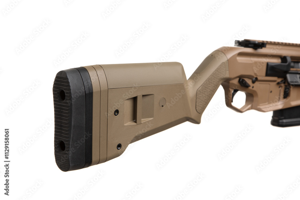 Modern tactical rifle with tan polymer stock, precision barrel, and ergonomic design, isolated on white background. Modern tactical rifle with tan polymer stock, precision barrel, and ergonomic design, isolated on white background.