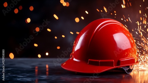 A vibrant red safety helmet sits on a reflective surface, surrounded by flying sparks in a dramatic, industrial setting. photo