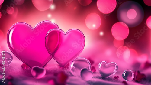 Valentines day love theme with glassy heart shapes and bokeh background