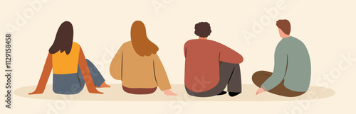 Diverse man and woman sitting backview relaxed set.