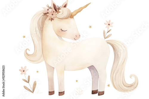 Whimsical unicorn illustration with gentle pastel tones and floral accents, perfect for enchanting decor. Generated AI photo