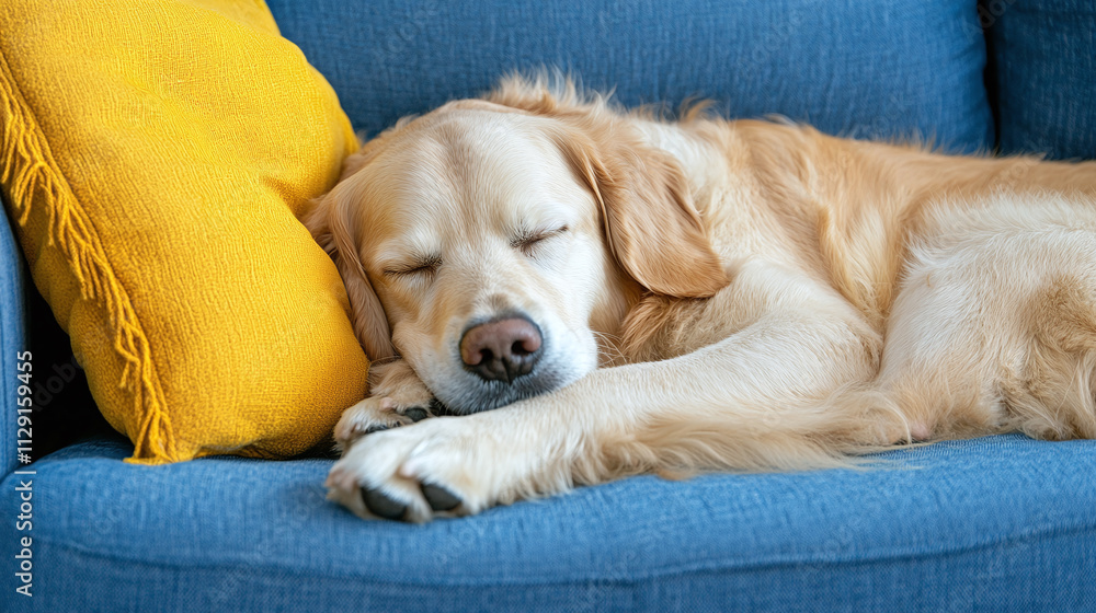 Obraz premium Closeup of golden retriever dog sleeping on blue sofa couch with yellow pillow. tired and comfortable domestic pet animal rest, adorable doggy relax and lying in bed.
