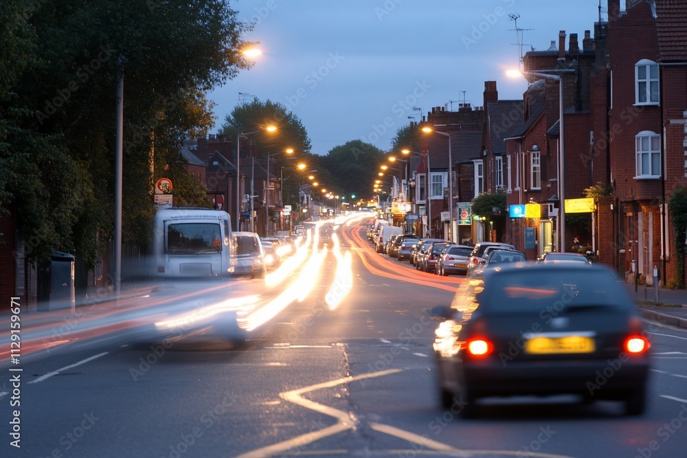 Naklejka premium Evening traffic on a residential street with blurred car lights showing motion.