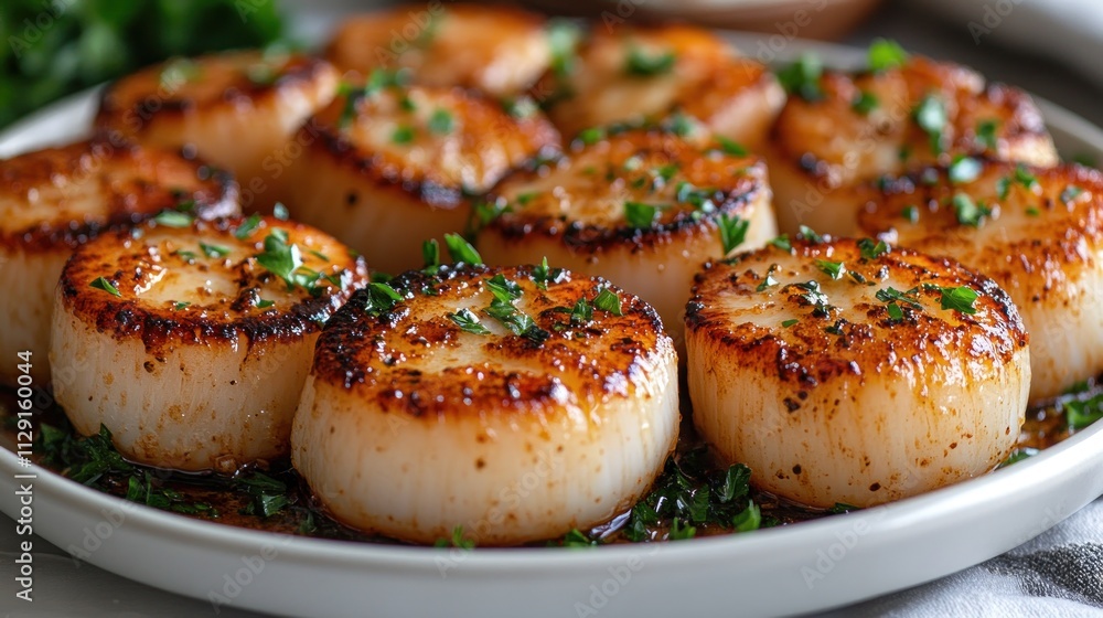A plate of creamy garlic butter scallops, seared to golden perfection and garnished with fresh parsley, served on a plain white plate against a white background A plate of creamy garlic butter scallops, seared to golden perfection and garnished with fresh parsley, served on a plain white plate against a white background