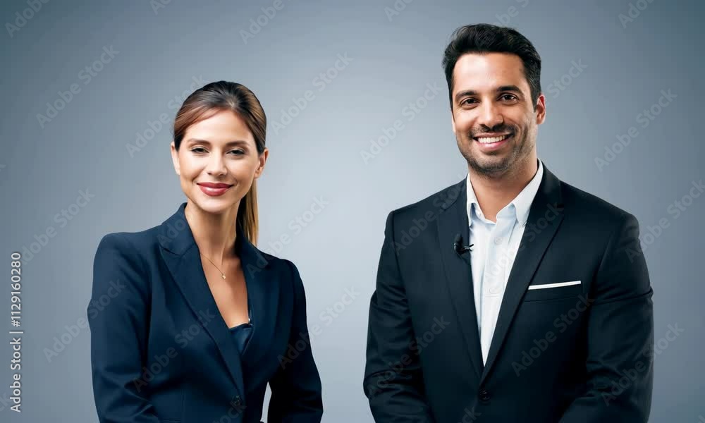 Business partners posing in front of gray background, looking at camera and smiling Business partners posing in front of gray background, looking at camera and smiling