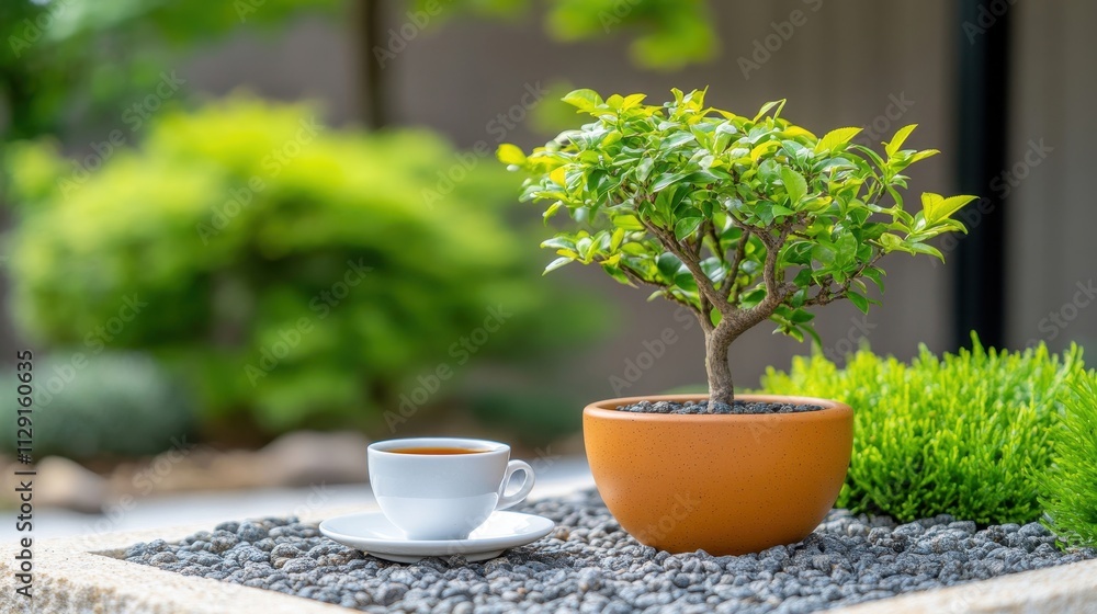A serene zen garden with coffee cups as sculptures, modern Japanese minimalism, muted earthy tones A serene zen garden with coffee cups as sculptures, modern Japanese minimalism, muted earthy tones