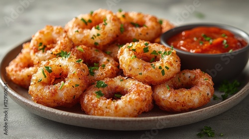 A plate of golden, crispy fried calamari rings garnished with parsley and accompanied by a small bowl of marinara sauce, displayed on a plain white background 