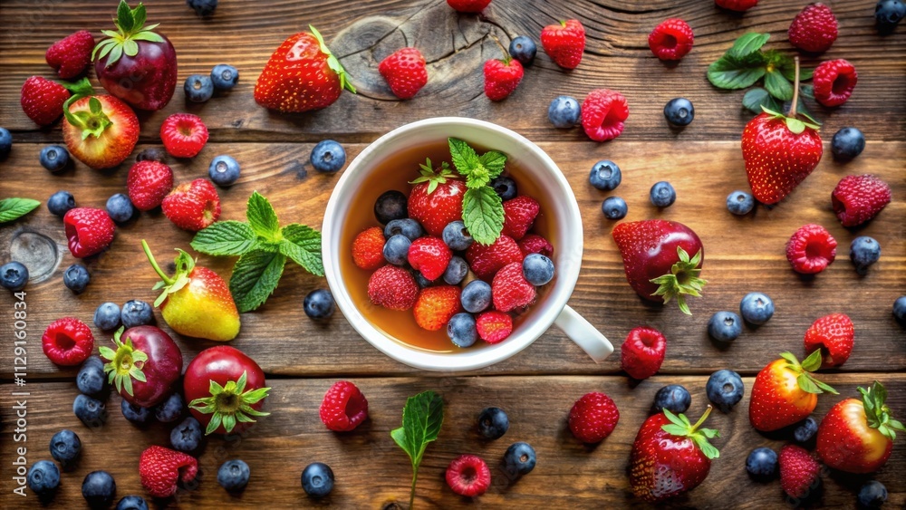 A vibrant and delicious mix of ripe strawberries, raspberries, and blueberries, arranged around a cup filled with a refreshing beverage, invitingly displayed on a wooden table surface. A vibrant and delicious mix of ripe strawberries, raspberries, and blueberries, arranged around a cup filled with a refreshing beverage, invitingly displayed on a wooden table surface.