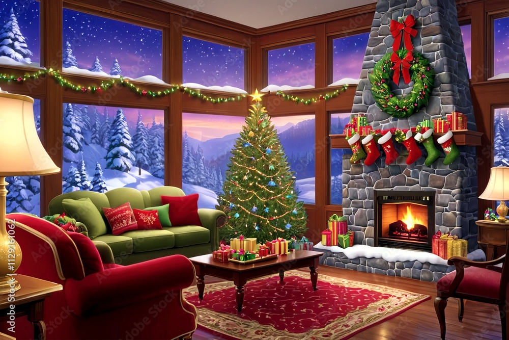 Obraz premium Cartoon illustration of large family living room and brick fireplace next to a Christmas tree generated using AI. Stocking hanging from fireplace mantel. Outside midwinter scene of forest woodland