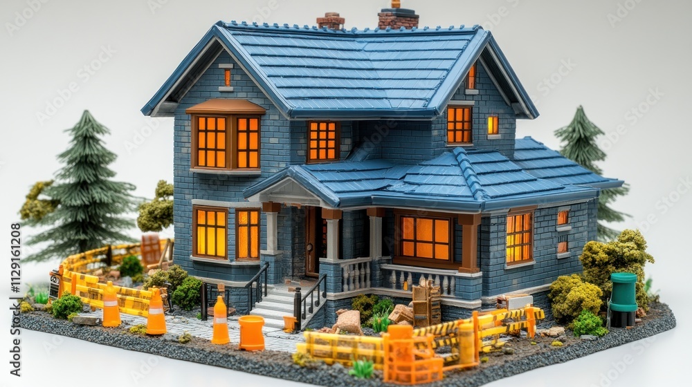 A playful toy house positioned alongside miniature safety barriers and construction tape, designed for a realistic construction setup, isolated on white A playful toy house positioned alongside miniature safety barriers and construction tape, designed for a realistic construction setup, isolated on white