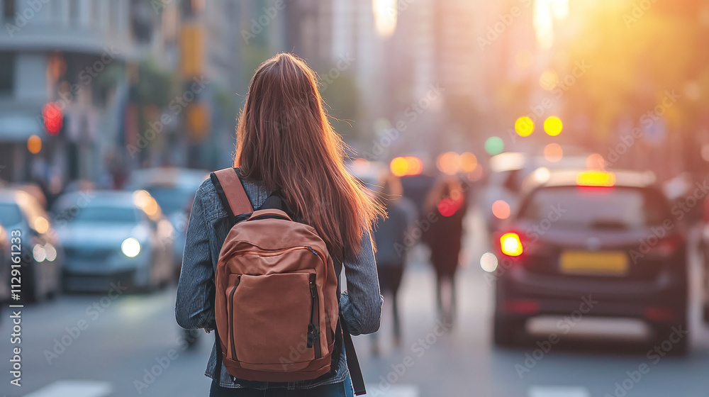 Rearview photography of a young woman wearing a backpack walking through a city or downtown street at daytime, people and cars on the side of the road blurred, youthful female person. Rearview photography of a young woman wearing a backpack walking through a city or downtown street at daytime, people and cars on the side of the road blurred, youthful female person.