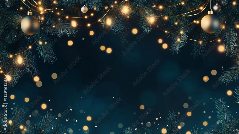 Christmas themed background, decorative boards with pine branches and garlands, Christmas lights and decorations, Christmas festival. Christmas themed background, decorative boards with pine branches and garlands, Christmas lights and decorations, Christmas festival.