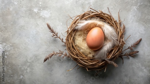 Wallpaper Mural A single egg nestled in a woven nest, surrounded by soft feathers, creating a simple yet delicate scene. Torontodigital.ca
