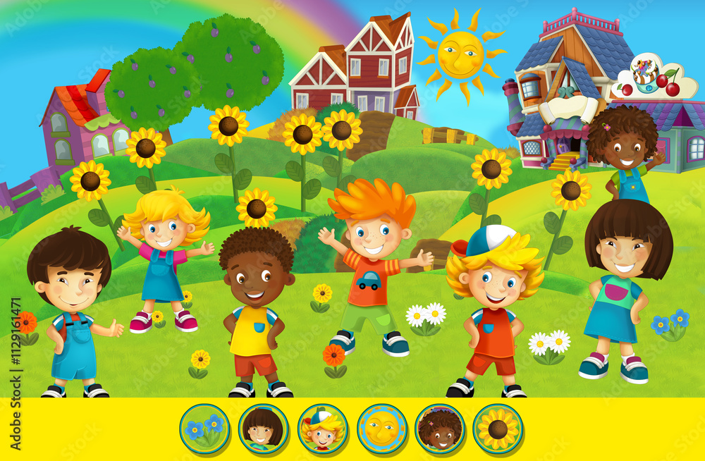 Naklejka premium cartoon scene with farm board game page with farm village ranch with kids having fun on a school trip as farmers finding elemens illustration for children