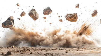A powerful burst of brown earth and rocks explodes from the ground against a white and transparent background.