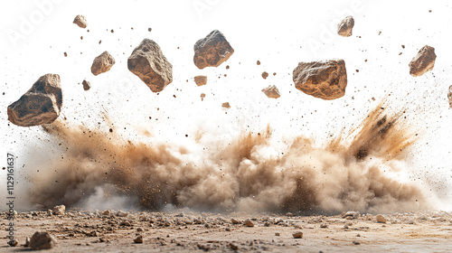 Fotografia A powerful burst of brown earth and rocks explodes from the ground against a white and transparent background