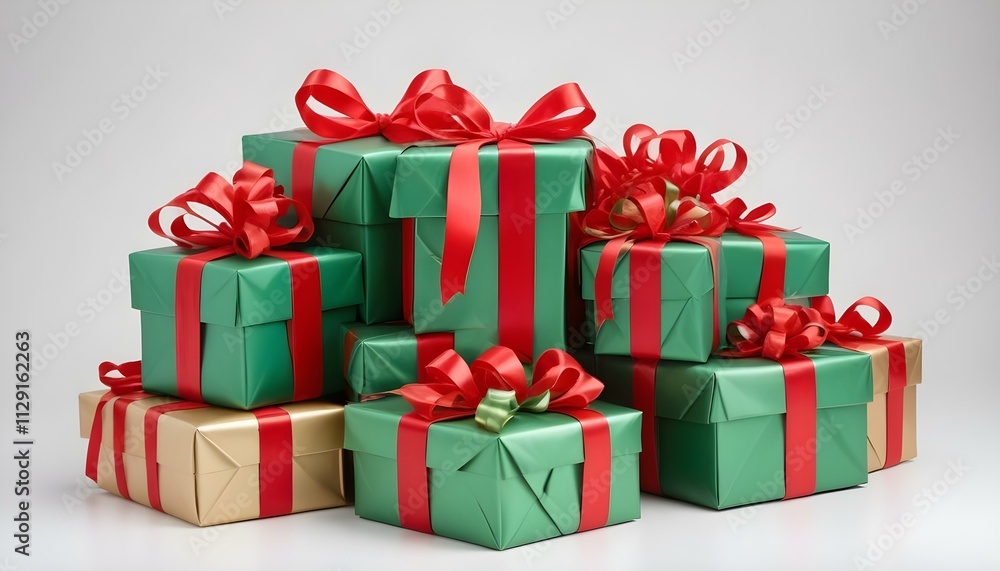 Obraz premium Stack of Christmas presents wrapped with red and green ribbons, isolated on a white background.