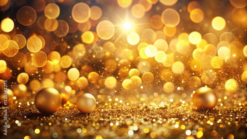 Golden bokeh background with round ornaments and sparkling glitter Golden bokeh background with round ornaments and sparkling glitter