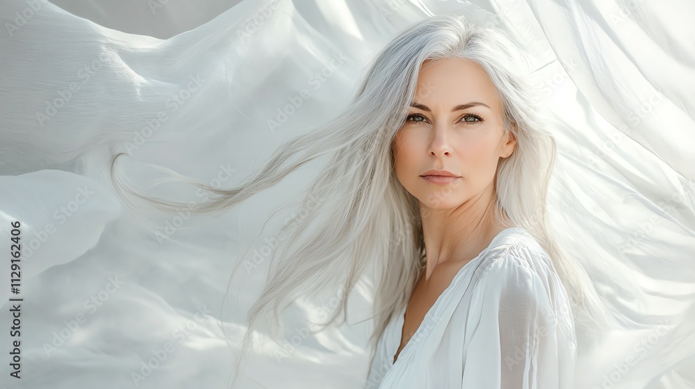 Elegant Woman with Long Gray Hair and White Dress Elegant Woman with Long Gray Hair and White Dress
