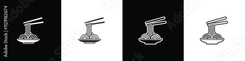 Noodles icon of  and chopsticks served on a plate. Instant noodle vector graphics. Collection of flat and linear style symbols of noodles in black, white and transparent background.