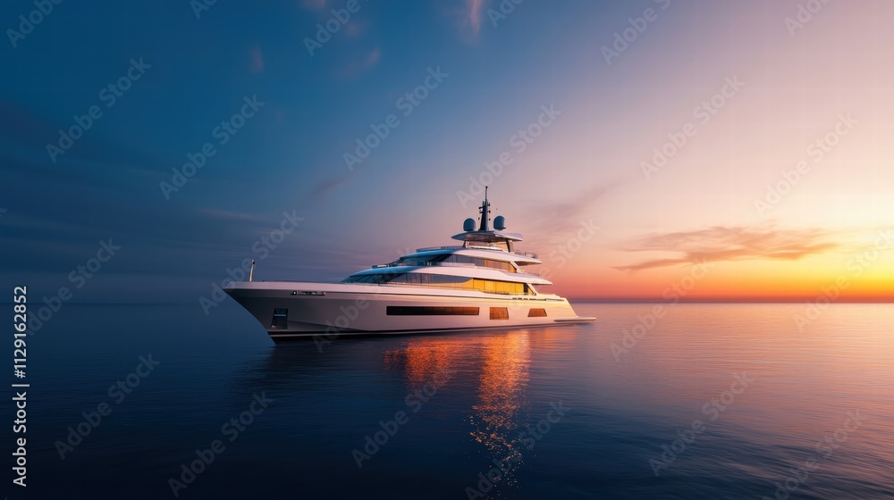 Fototapeta premium Luxurious yacht anchored at sunset on calm waters