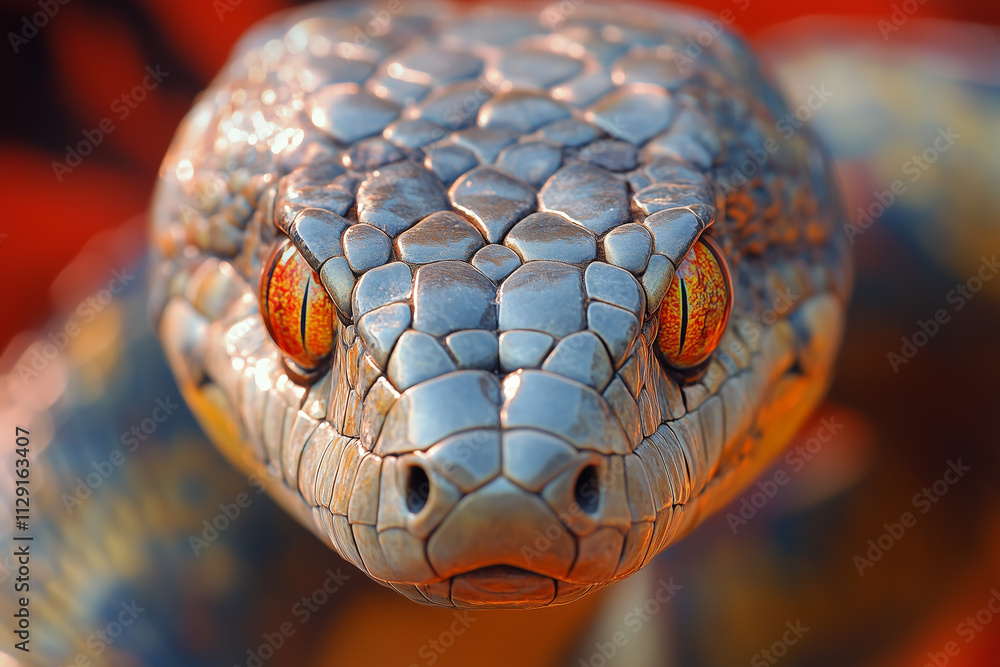 Head of a gray snake with orange eyes close-up short Head of a gray snake with orange eyes close-up short
