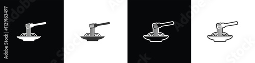 Noodles and fork icon served on a plate. Instant noodle vector graphic. Collection of flat and linear style noodle symbols on black, white and transparent backgrounds. 