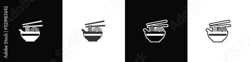 Noodles icon served in a bowl. Instant noodle vector graphic. Collection of flat and linear style noodle symbols on black, white and transparent backgrounds.
