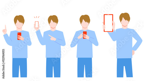 Clip art set of man using smartphone.