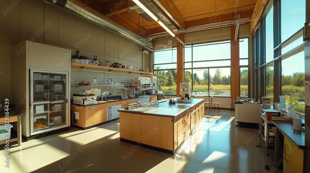 A bright, modern kitchen with large windows, wooden beams, and organized shelves filled with various cooking equipment. A bright, modern kitchen with large windows, wooden beams, and organized shelves filled with various cooking equipment.