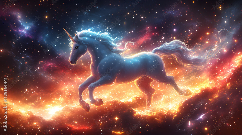A vibrant and magical cartoon-style illustration of a unicorn flying through a galaxy, with sparkling stars and nebulae, and a trail of glittering dust following its every move.