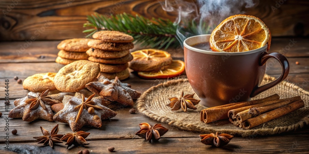 A steaming cup of spiced tea with dried orange slices, cinnamon sticks, star anise, and various cookies on a wooden background. A steaming cup of spiced tea with dried orange slices, cinnamon sticks, star anise, and various cookies on a wooden background.