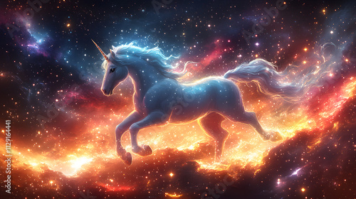Obraz na płótnie A vibrant and magical cartoon-style illustration of a unicorn flying through a galaxy, with sparkling stars and nebulae, and a trail of glittering dust following its every move. w salonie