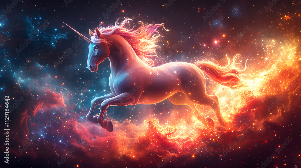 A vibrant and magical cartoon-style illustration of a unicorn flying through a galaxy, with sparkling stars and nebulae, and a trail of glittering dust following its every move.