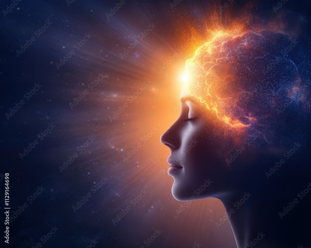 A serene profile of a woman with a luminous cosmic aura emanating from her head, symbolizing creativity and enlightenment. A serene profile of a woman with a luminous cosmic aura emanating from her head, symbolizing creativity and enlightenment.