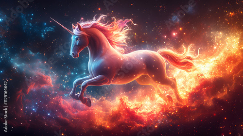 Obraz na płótnie A vibrant and magical cartoon-style illustration of a unicorn flying through a galaxy, with sparkling stars and nebulae, and a trail of glittering dust following its every move. w salonie