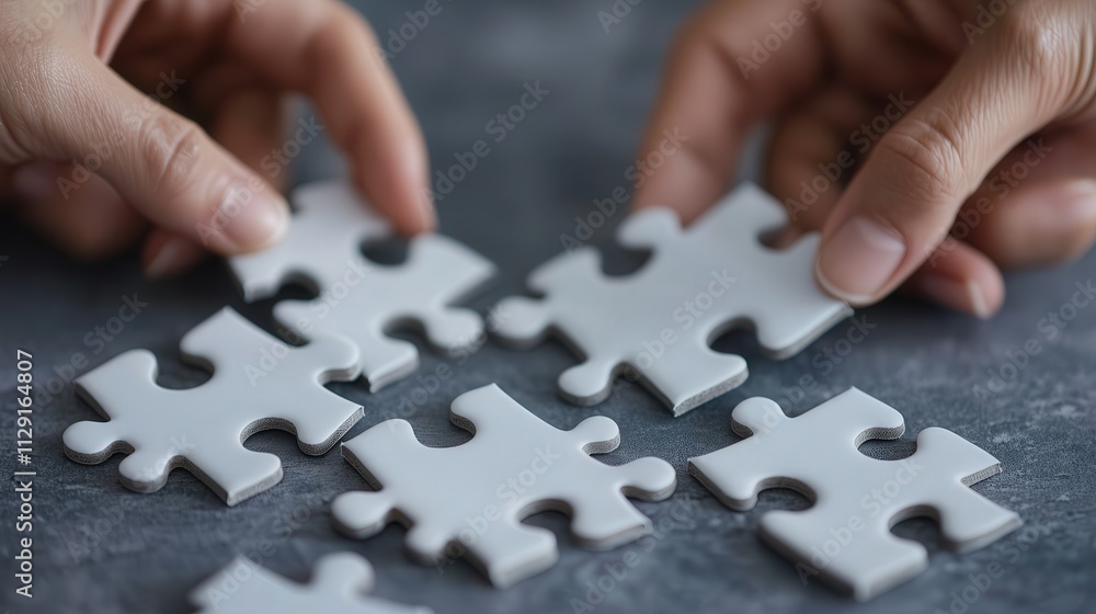Hands assembling puzzle pieces on a dark surface table. Hands assembling puzzle pieces on a dark surface table.