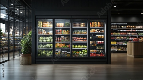 Modern Grocery Store Interior with Black and Glass Refrigerators