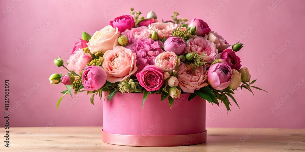Delicate pink and white flowers arranged in a pink hatbox, a vibrant bouquet bursting with floral charm Delicate pink and white flowers arranged in a pink hatbox, a vibrant bouquet bursting with floral charm