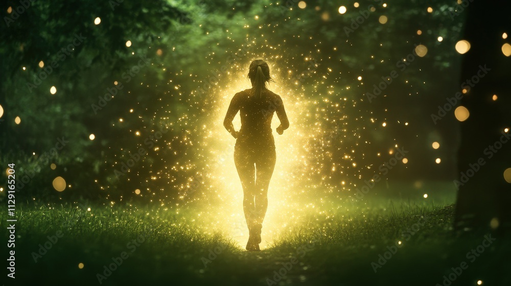 Naklejka premium A silhouette of a person running through a lush, illuminated forest, surrounded by sparkling light particles, evoking a sense of freedom and vitality.