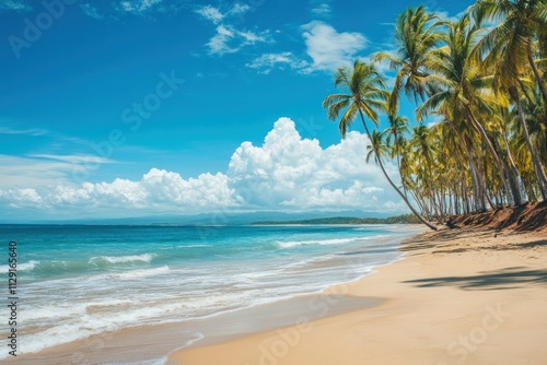 Tropical beach with golden sand, turquoise ocean waves, and tall palm trees under a vibrant blue sky with white clouds