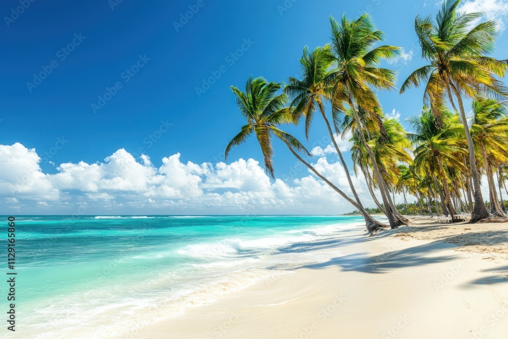Tropical island with lush palm trees surrounded by crystal clear turquoise water under a bright blue sky Tropical island with lush palm trees surrounded by crystal clear turquoise water under a bright blue sky